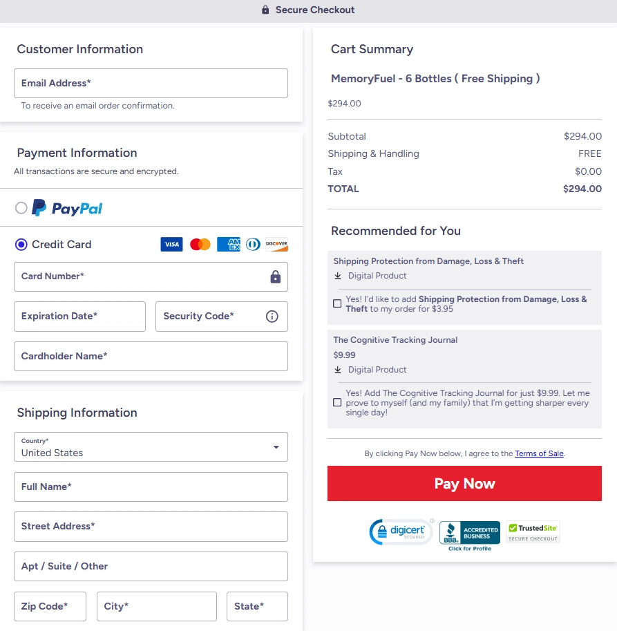 MemoryFuel secure checkout page